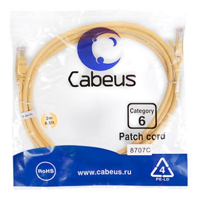 Cabeus PC-UTP-RJ45-Cat.6-2m-YL Патч-корд U/UTP, категория 6, 2xRJ45/8p8c, неэкранированный, желтый, PVC, 2м