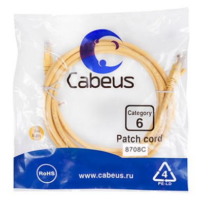 Cabeus PC-UTP-RJ45-Cat.6-3m-YL Патч-корд U/UTP, категория 6, 2xRJ45/8p8c, неэкранированный, желтый, PVC, 3м