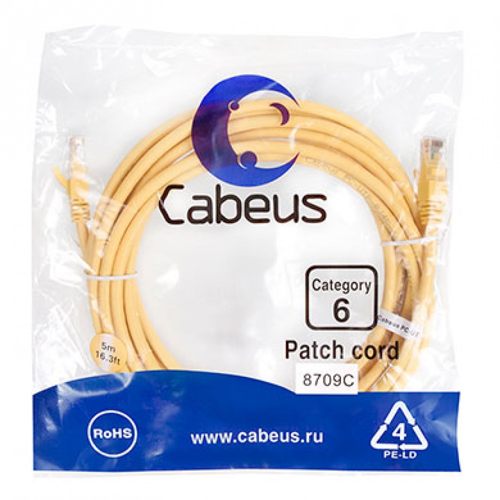 Cabeus PC-UTP-RJ45-Cat.6-5m-YL Патч-корд U/UTP, категория 6, 2xRJ45/8p8c, неэкранированный, желтый, PVC, 5м