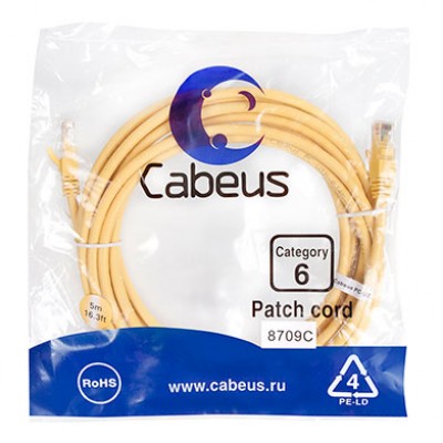 Cabeus PC-UTP-RJ45-Cat.6-5m-YL Патч-корд U/UTP, категория 6, 2xRJ45/8p8c, неэкранированный, желтый, PVC, 5м