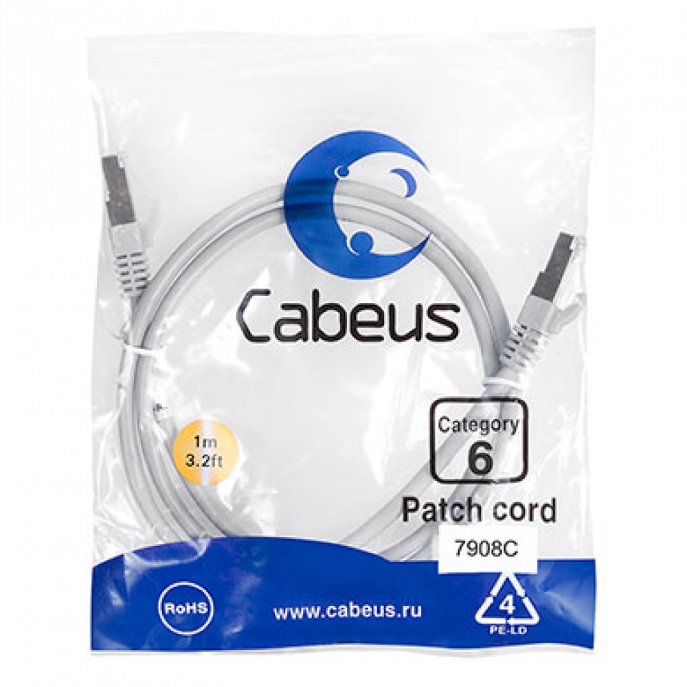 Cabeus PC-FTP-RJ45-Cat.6-1m-LSZH Патч-корд F/UTP, категория 6, 2xRJ45/8p8c, экранированный, серый, LSZH, 1м