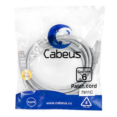Cabeus PC-FTP-RJ45-Cat.6-3m-LSZH Патч-корд F/UTP, категория 6, 2xRJ45/8p8c, экранированный, серый, LSZH, 3м