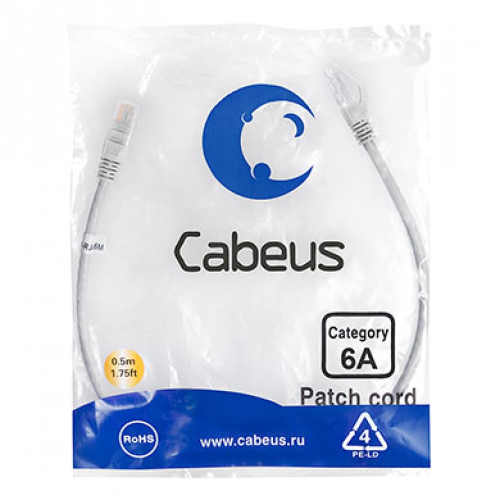 Cabeus PC-UTP-RJ45-Cat.6a-0.5m-LSZH Патч-корд U/UTP, категория 6а (10G), 2xRJ45/8p8c, неэкранированный, серый, LSZH, 0.5м