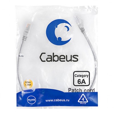 Cabeus PC-UTP-RJ45-Cat.6a-0.5m-LSZH Патч-корд U/UTP, категория 6а (10G), 2xRJ45/8p8c, неэкранированный, серый, LSZH, 0.5м