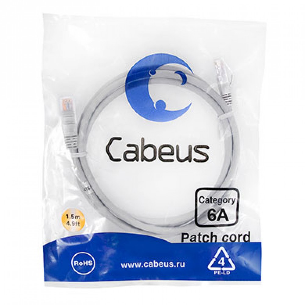 Cabeus PC-UTP-RJ45-Cat.6a-1.5m-LSZH Патч-корд U/UTP, категория 6а (10G), 2xRJ45/8p8c, неэкранированный, серый, LSZH, 1.5м