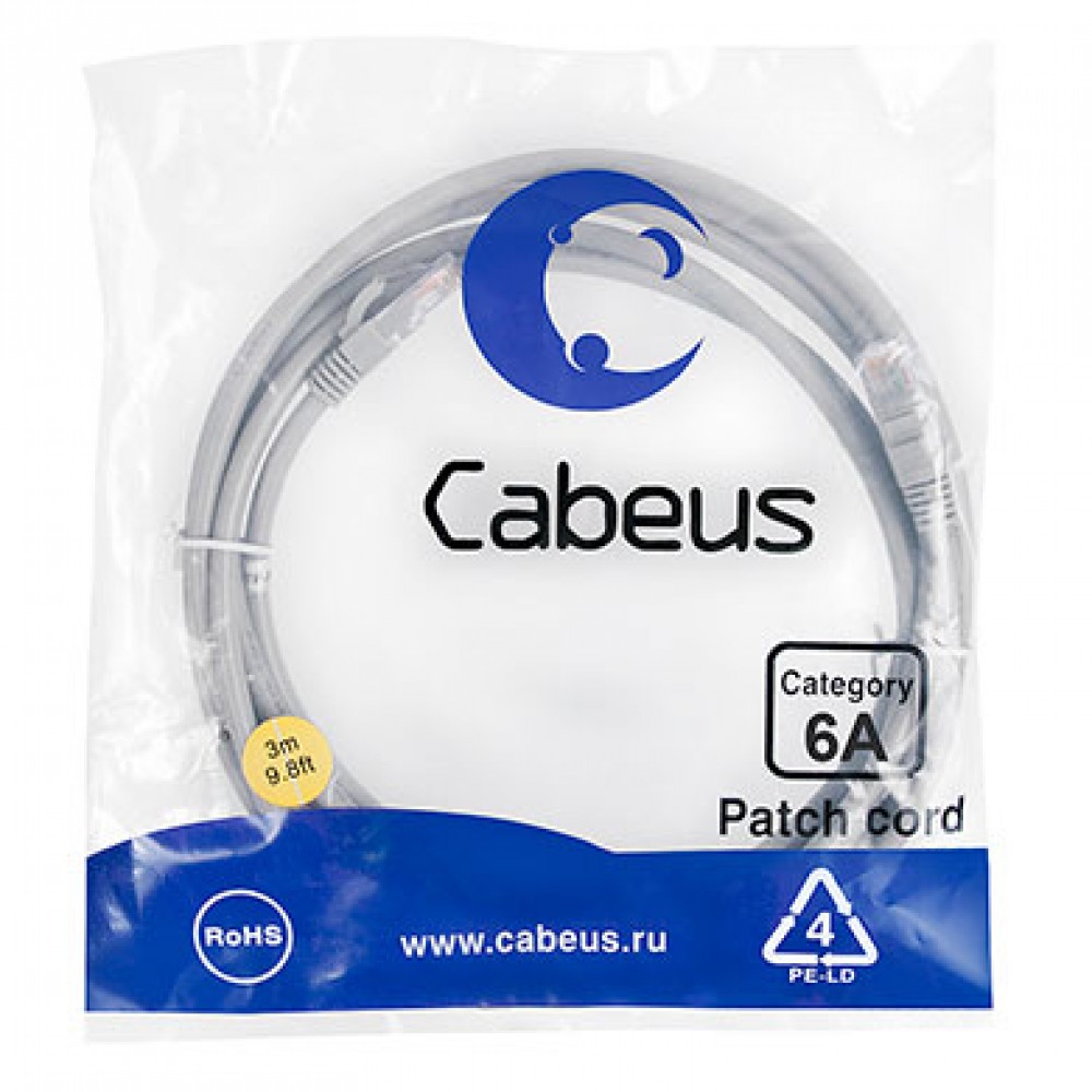 Cabeus PC-UTP-RJ45-Cat.6a-3m-LSZH Патч-корд U/UTP, категория 6а (10G), 2xRJ45/8p8c, неэкранированный, серый, LSZH, 3м