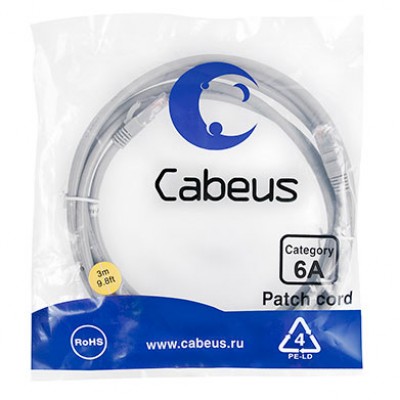 Cabeus PC-UTP-RJ45-Cat.6a-3m-LSZH Патч-корд U/UTP, категория 6а (10G), 2xRJ45/8p8c, неэкранированный, серый, LSZH, 3м