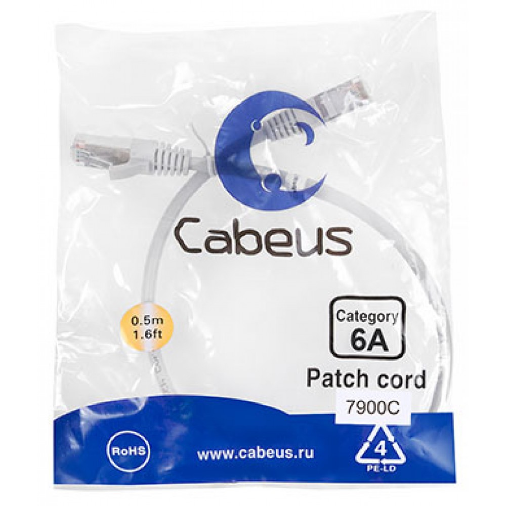 Cabeus PC-SSTP-RJ45-Cat.6a-0.5m-LSZH Патч-корд S/FTP, категория 6а (10G), 2xRJ45/8p8c, экранированный, серый, LSZH, 0.5м