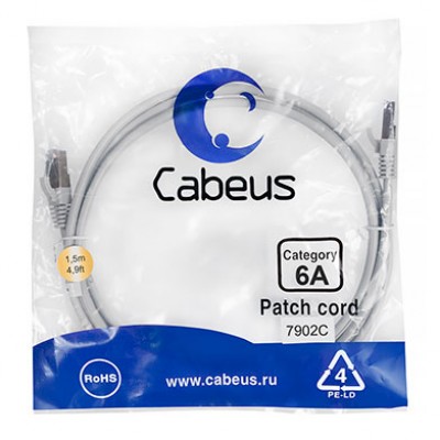 Cabeus PC-SSTP-RJ45-Cat.6a-1.5m-LSZH Патч-корд S/FTP, категория 6а (10G), 2xRJ45/8p8c, экранированный, серый, LSZH, 1.5м