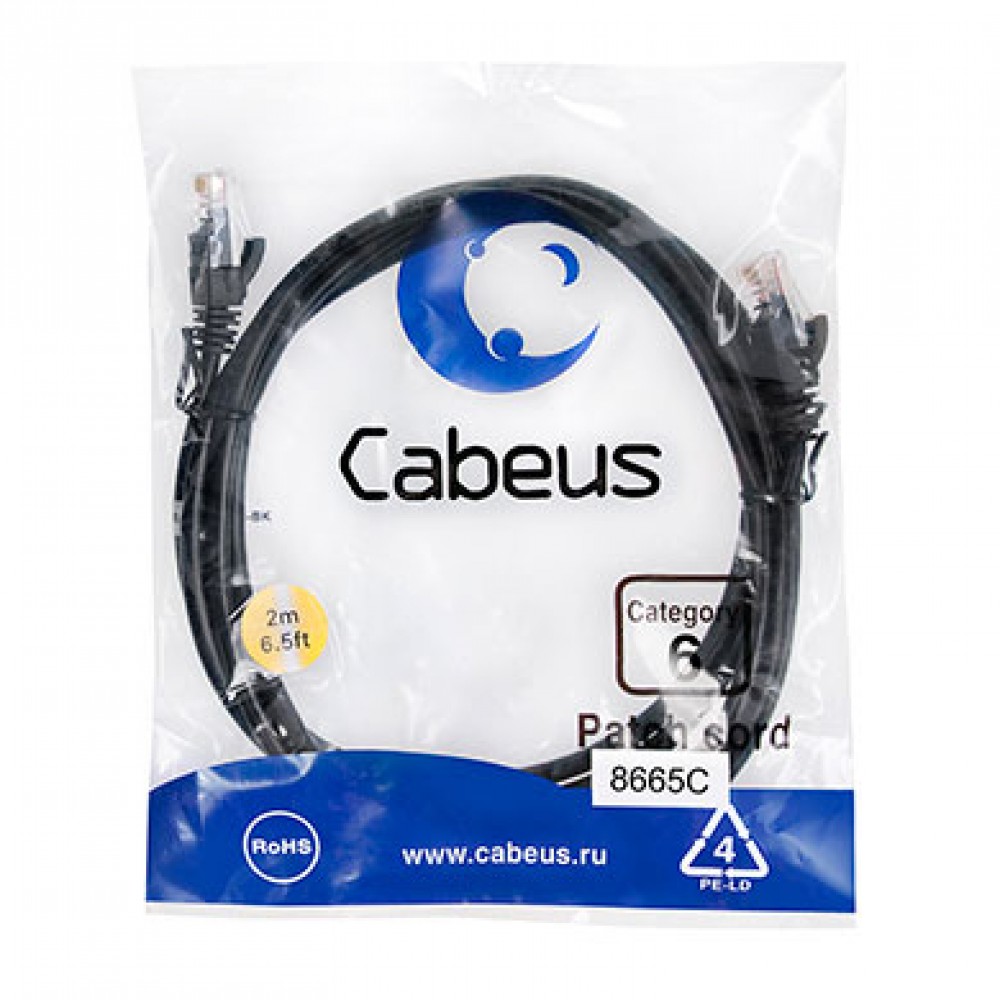 Cabeus PC-UTP-RJ45-Cat.6-2m-BK Патч-корд U/UTP, категория 6, 2xRJ45/8p8c, неэкранированный, черный, PVC, 2м