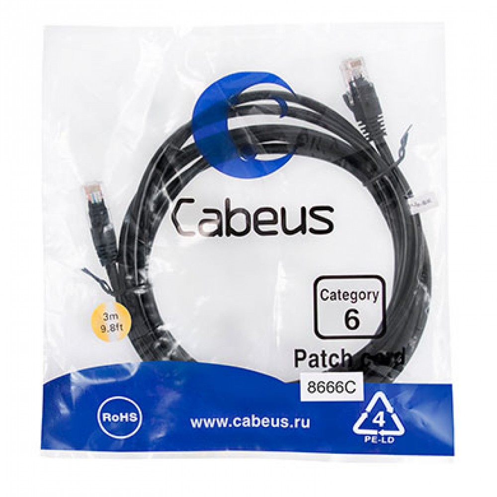 Cabeus PC-UTP-RJ45-Cat.6-3m-BK Патч-корд U/UTP, категория 6, 2xRJ45/8p8c, неэкранированный, черный, PVC, 3м