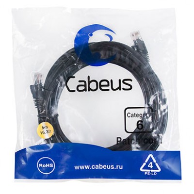 Cabeus PC-UTP-RJ45-Cat.6-5m-BK Патч-корд U/UTP, категория 6, 2xRJ45/8p8c, неэкранированный, черный, PVC, 5м