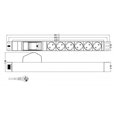 SHT19-6SH-B-2.5EU Блок розеток для 19 шкафов, горизонтальный, с автоматическим выключателем, 6 розеток Schuko (16A), кабель питания 2.5 м с вилкой Sc
