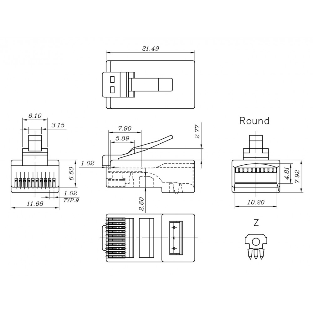 PLUG-10P10C-U-06-10 Разъем RJ-50(10P10C), универсальный (для одножильного и многожильного кабеля), для круглого кабеля, напыление 6µ';/ 6 микродюймов