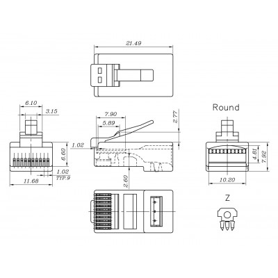 PLUG-10P10C-U-06-10 Разъем RJ-50(10P10C), универсальный (для одножильного и многожильного кабеля), для круглого кабеля, напыление 6µ';/ 6 микродюймов