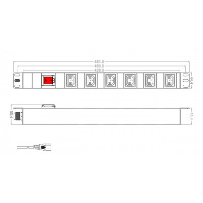 SHT19-6IEC-S-2.5IEC Блок розеток для 19'; шкафов, горизонтальный, 6 розеток IEC320 C13, выключатель с подсветкой, кабель питания 2.5м (3х1.0мм2) с вил