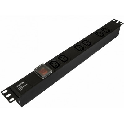 SHE19-6IEC-S-IEC Блок розеток для 19'; шкафов, горизонтальный, 6 розеток IEC320 C13, выключатель с подсветкой, без кабеля питания, входной разъем IEC3