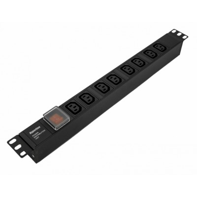 SHE19-8IEC-S-IEC Блок розеток для 19'; шкафов, горизонтальный, 8 розеток IEC320 C13, выключатель с подсветкой, без кабеля питания, входной разъем IEC3