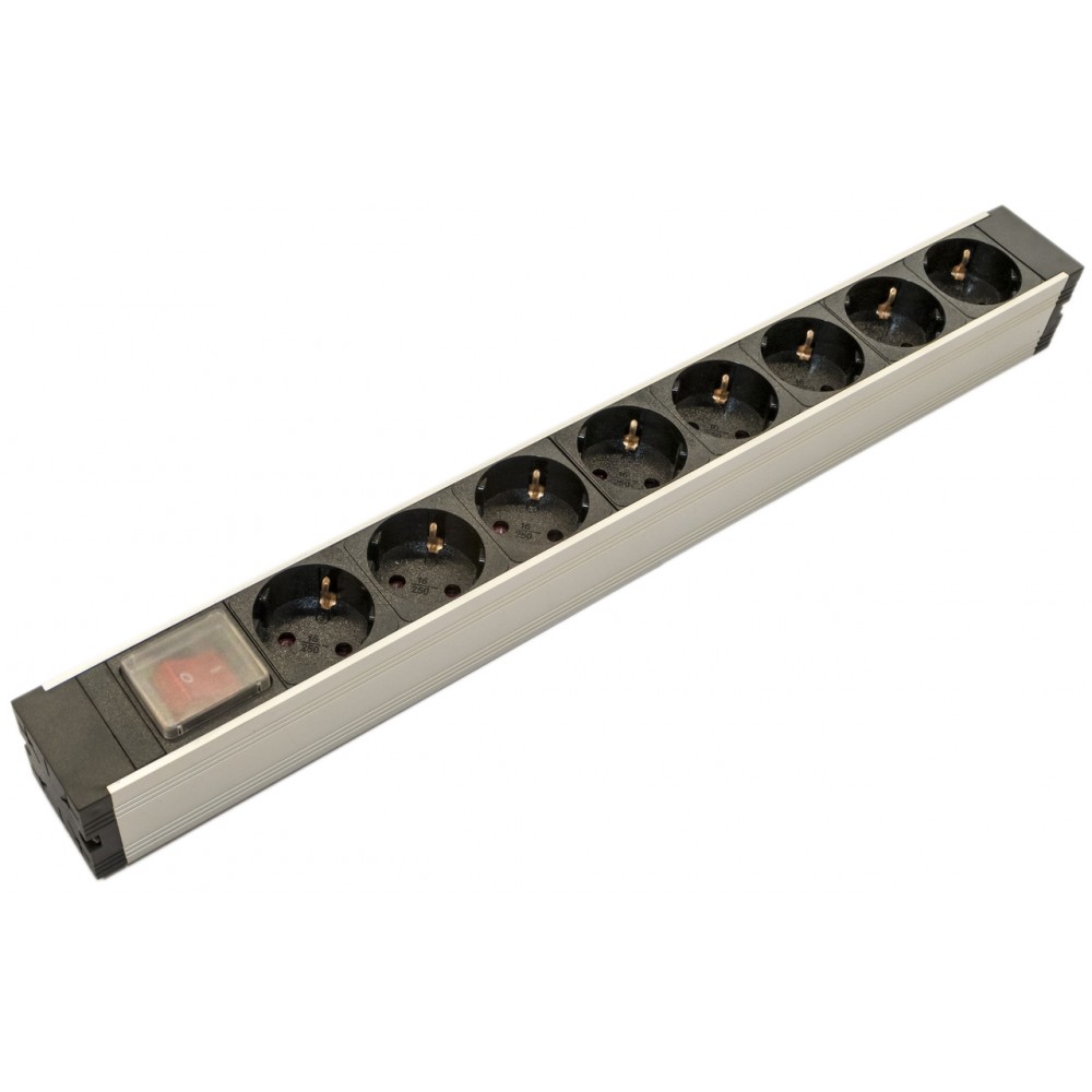 SHZ19-8SH-S-IEC Блок розеток для 19'; шкафов, горизонтальный, 8 розеток Schuko, выключатель с подсветкой, без кабеля питания, входной разъем IEC320 C1