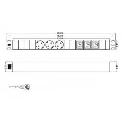 SHT19-3SH-3IEC-2.5EU Блок розеток для 19'; шкафов, горизонтальный, 3 розетки Schuko, 3 розетки IEC320 C13, кабель питания 2.5м (3х1.5мм2) с вилкой Sch
