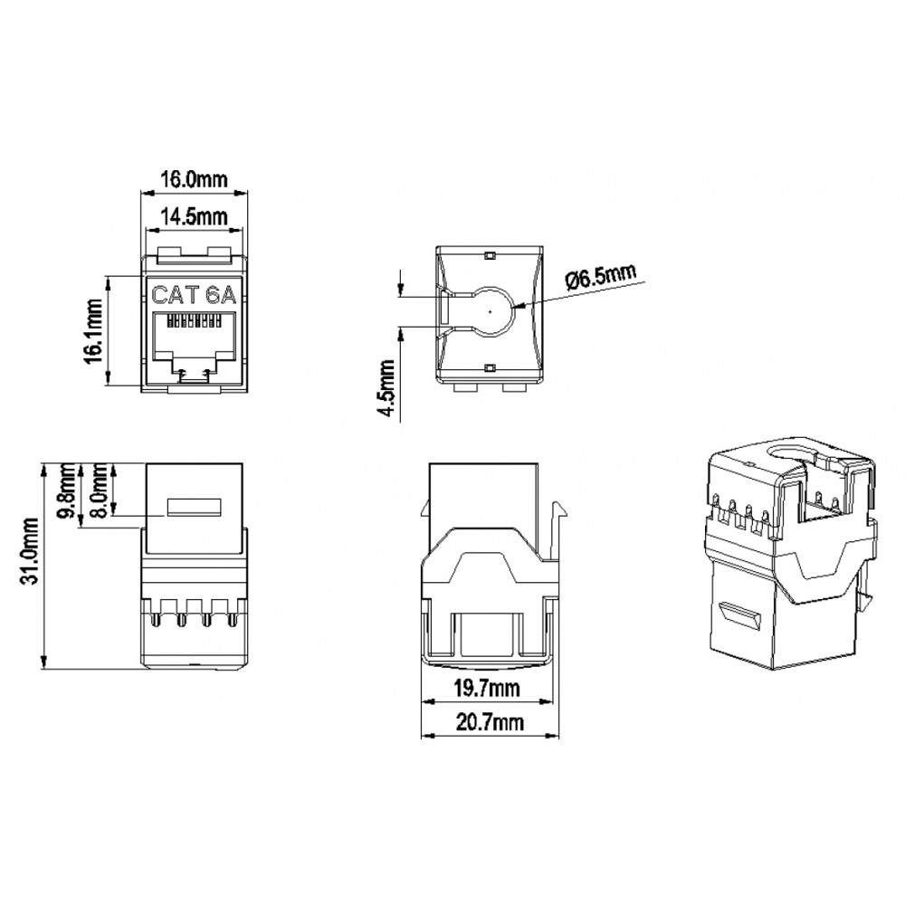 KJ8-8P8C-C6A-180-BK Вставка Keystone Jack RJ-45(8P8C), категория 6a (10G), тип 180 градусов, черная Hyperline