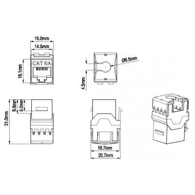 KJ8-8P8C-C6A-180-BK Вставка Keystone Jack RJ-45(8P8C), категория 6a (10G), тип 180 градусов, черная Hyperline