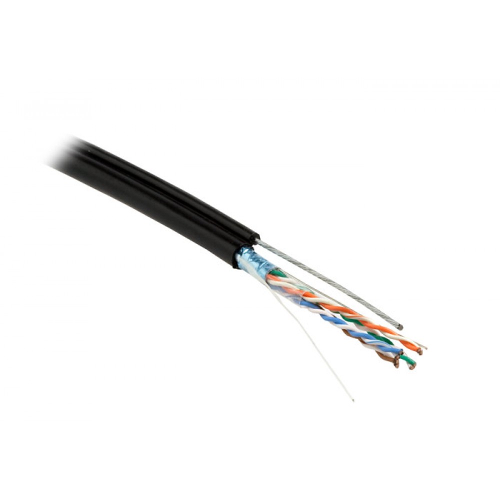 FUTP4-C5E-S24-SW-OUT-PE-BK-500 (500м) Кабель витая пара F/UTP, кат.5e, 4 пары(24 AWG), одножильн.(solid),экран-фольга, с металл.тросом,внешний, PE,-40