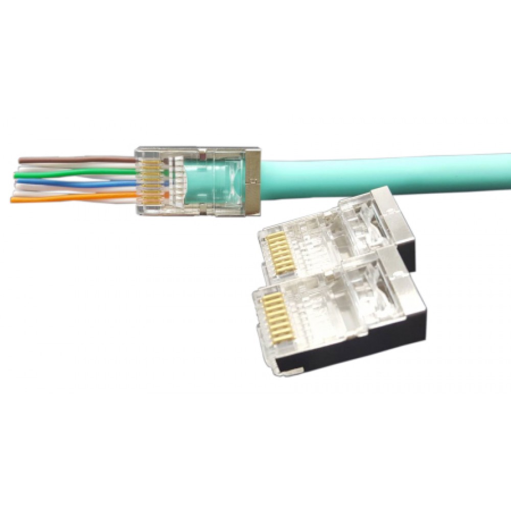 PLEZ-8P8C-U-C6-SH-100 Разъем легкой оконцовки RJ-45 (8P8C) под витую пару, категория 6 (50 µ';/ 50 микродюймов), экранированный, универсальный (для од