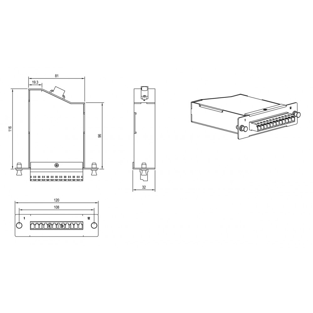 FO-CSS-W120H32-503-1MTPM-12LC-AQ Волоконно-оптическая кассета 1xMTP (папа), 120x32 мм, 12LC адаптеров (цвет aqua), 12 волокон, OM3 Hyperline