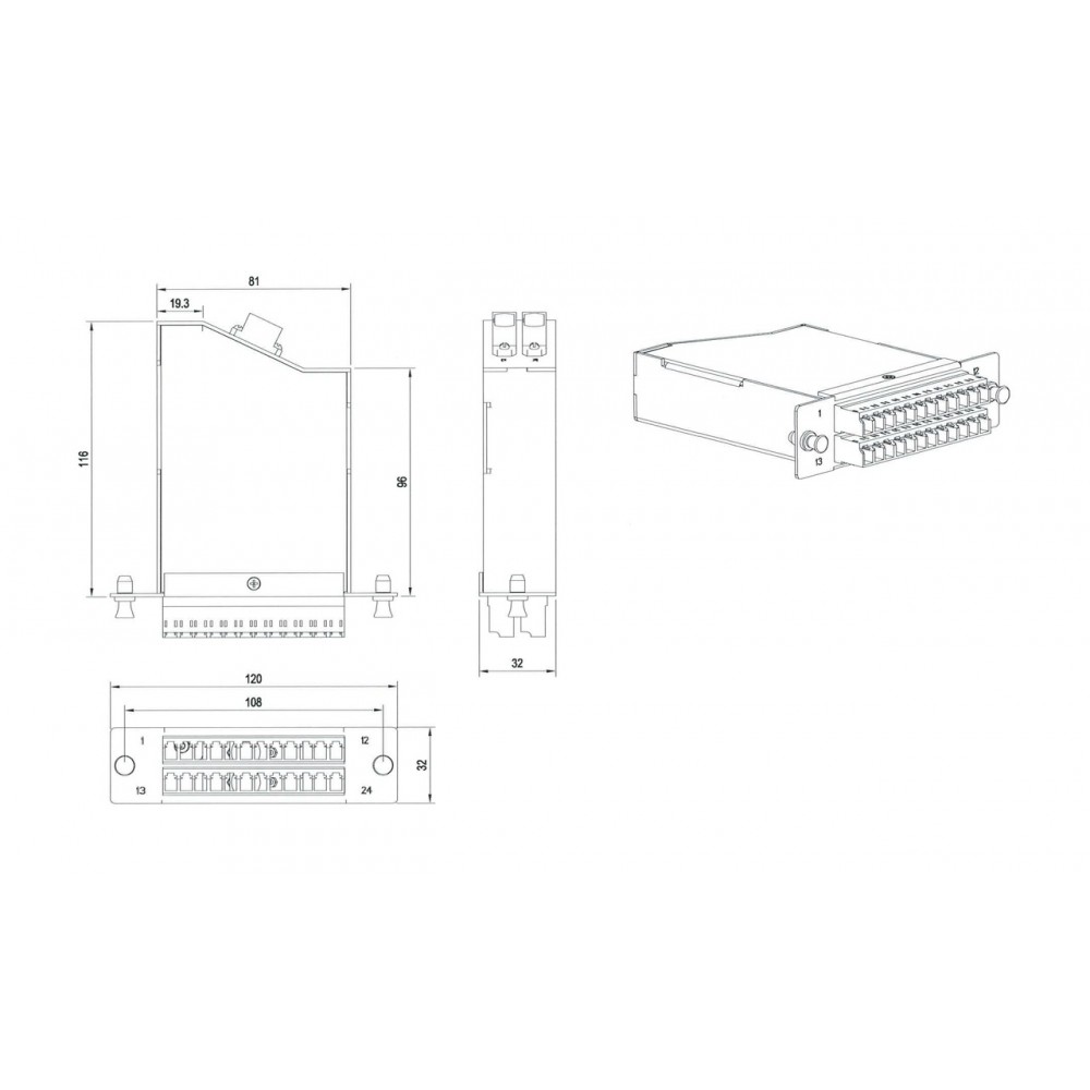 FO-CSS-W120H32-503-2MTPM-24LC-AQ Волоконно-оптическая кассета 2xMTP (папа), 120x32 мм, 24LC адаптера (цвет aqua), 24 волокна, OM3 Hyperline