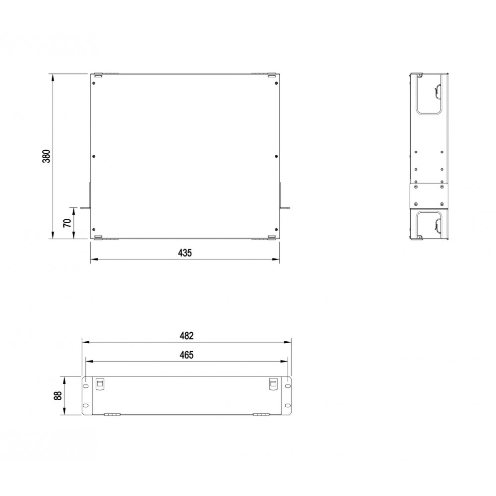 FO-19BX-2U-F0-6xSLT-W120H32-EMP Патч-панель 19” универсальная, пустой корпус, 2U, фиксированная рама горизонтальная, 6 слотов (3х2), вмещает 6 FPM пан