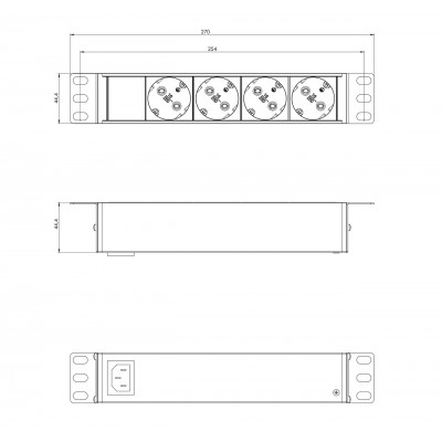 SHE10-4SH-IEC Блок розеток для 10'; шкафов, горизонтальный, 4 розетки Schuko, без кабеля питания, входной разъем IEC320 C14 10A, 250В, 254х44.4х44.4мм