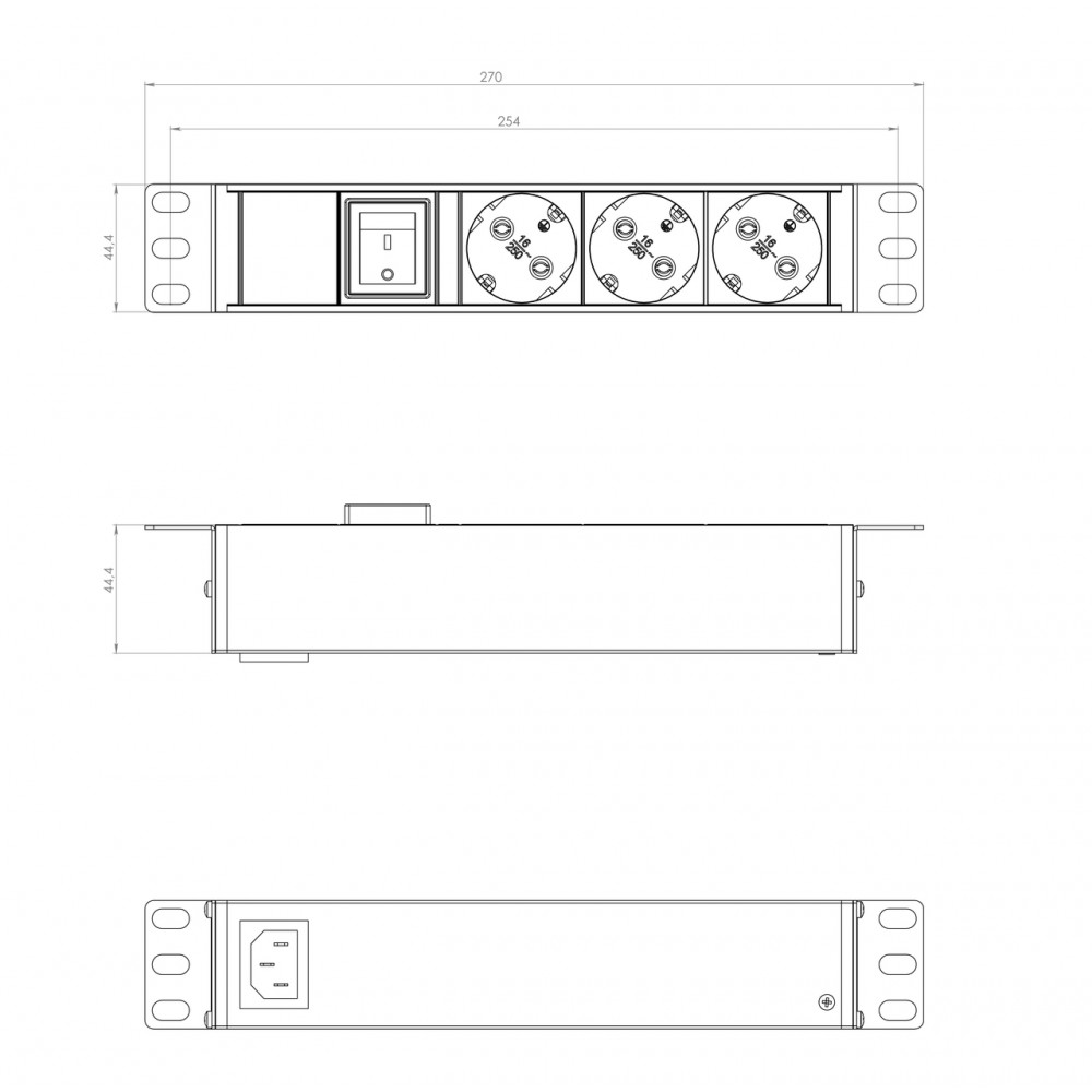 SHE10-3SH-S-IEC Блок розеток для 10'; шкафов, горизонтальный, 3 розетки Schuko, выключатель с подсветкой, без кабеля питания, входной разъем IEC320 C1