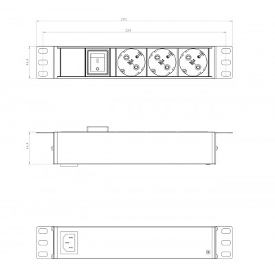 SHE10-3SH-S-IEC Блок розеток для 10'; шкафов, горизонтальный, 3 розетки Schuko, выключатель с подсветкой, без кабеля питания, входной разъем IEC320 C1