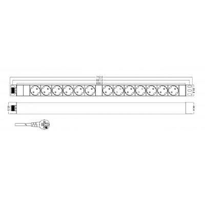 SHT-13SH-2.5EU Блок розеток, вертикальный, 13 розеток Schuko, кабель питания 2.5м (3х1.5мм2) с вилкой Schuko 16A, 250В, 668x44.4x44.4мм (ДхШхВ), копру