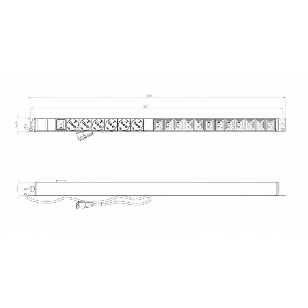 SHE-6SH-12IEC-S-2.5AIEC Блок розеток, вертикальный, 6 розеток Schuko, 12 розеток IEC320 C13, выключатель с подсветкой, кабель питания 2.5м (3х1.5 мм2)