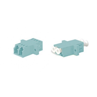 FA-P11Z-DLC/DLC-N/WH-AQ Оптический проходной адаптер LC-LC, MM (OM3), duplex, корпус пластиковый, голубой (aqua), белые колпачки Hyperline