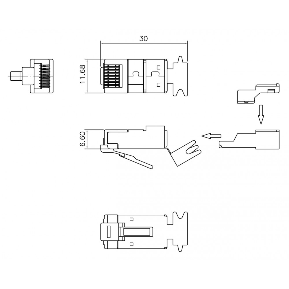 PLUG-8P8C-UV-C6A-SH-50 Разъем RJ-45(8P8C) под витую пару, 10Gb категория 6A (50 µ';/ 50 микродюймов), экранированный, универсальный (для одножильного