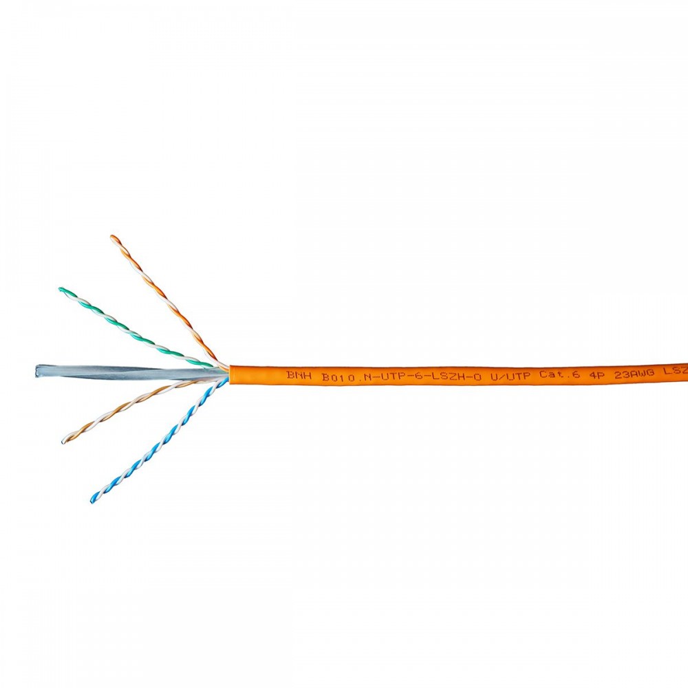 Кабель витая пара BNH, U/UTP, 4 пар., кат. 6, проводник Ø 0,57мм, AWG23, LSZH (нг(A)-HF), 250МГц, 1м (бухта 305м), тип прокладки: внутри зданий, цвет: