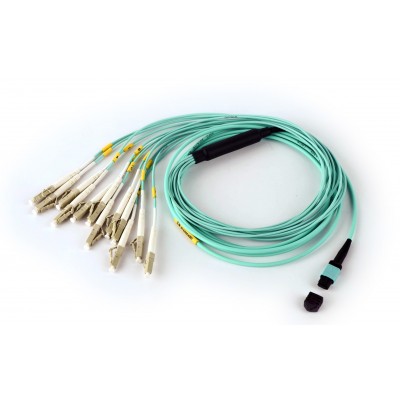 Сборка кабельная TopLan MPO-12LC, 12 волокон OM3, низкие потери, LSZH, 2 м, аква