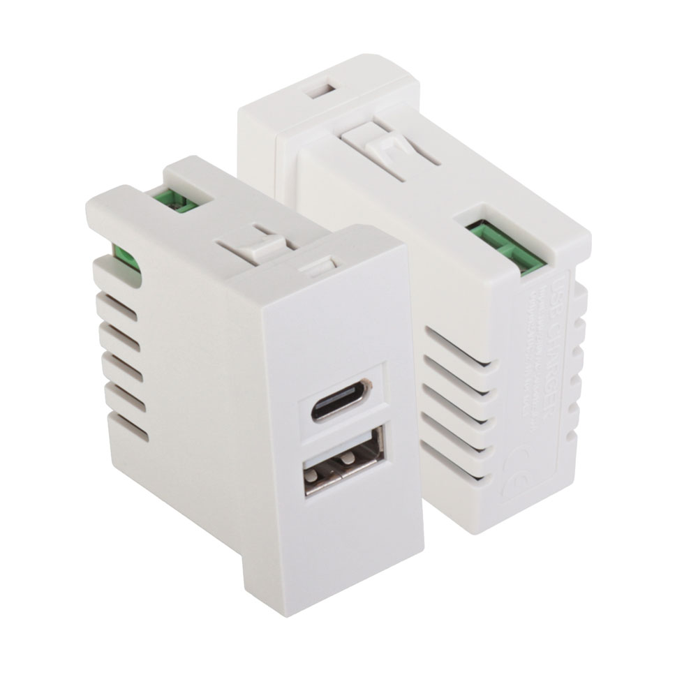 Lanmaster LAN-EZ45x22-2UCA/2.1-WH Модуль USB-зарядки, 1 порт USB-C + 1 порт USB-A, 2.1A/5V, 45x22.5, белый