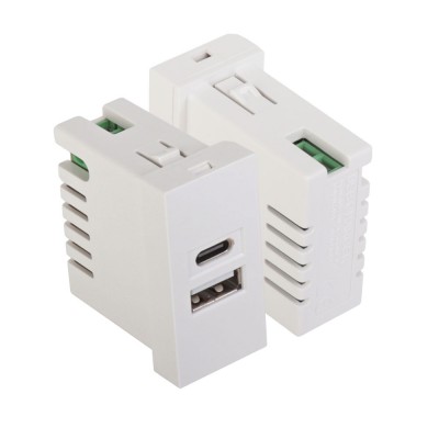Lanmaster LAN-EZ45x22-2UCA/2.1-WH Модуль USB-зарядки, 1 порт USB-C + 1 порт USB-A, 2.1A/5V, 45x22.5, белый