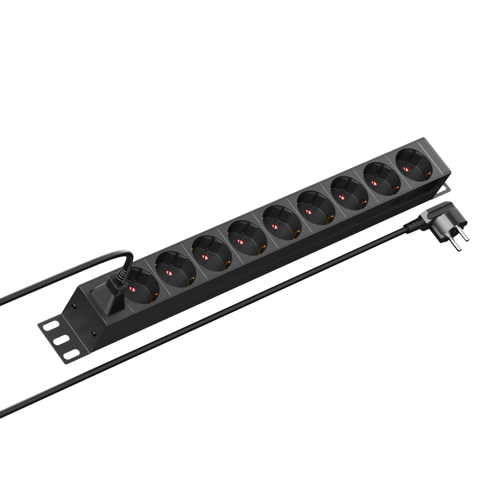 Панель распределения ONTEK PDU Basic OBPA1 горизонтальная 1U 16A/1ф, без выключателя, Вход - розетка C14, выход - schuko x 9 шт, с кабелем schuko-С13