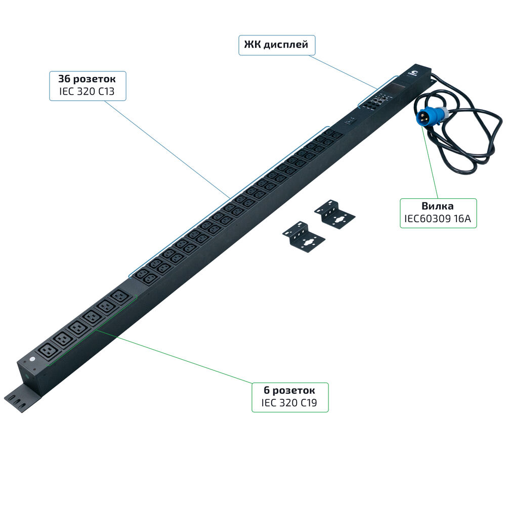 Cabeus SMART-PDU-16-1P-36C13-6C19-I309-M Блок распределения питания, вертикальный, 36 розеток IEC 32 Cabeus SMART-PDU-16-1P-36C13-6C19-I309-M Блок распределения питания, вертикальный, 36 розеток IEC 32