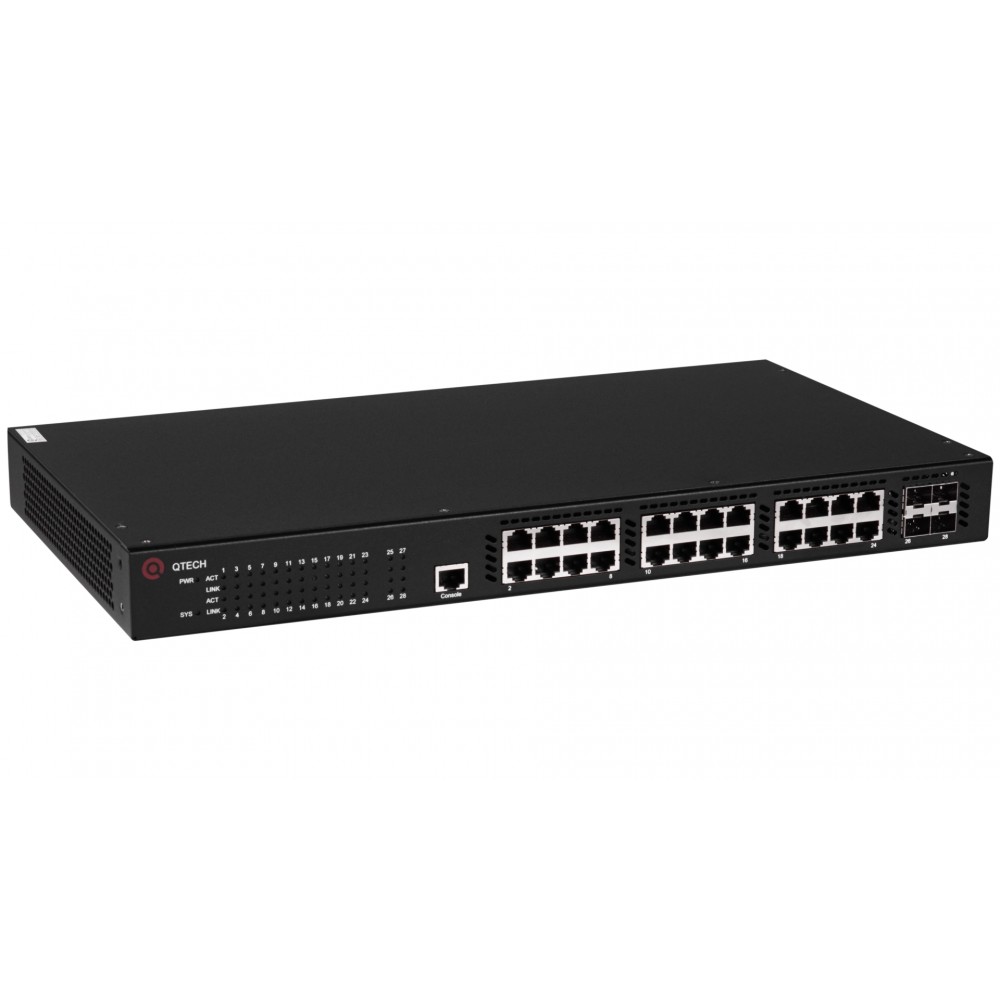 Управляемый коммутатор уровня L3 с поддержкой PoE 802.3af/at, 24 порта 10/100/1000BASE-T PoE, 4 порта 10GbE SFP+, 4K VLAN, 16K MAC адресов