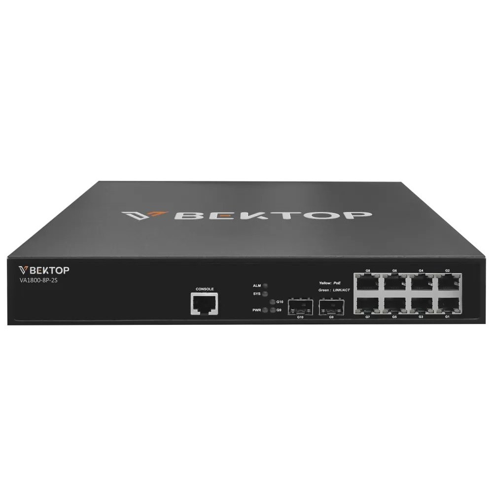 Управляемый PoE+ коммутатор уровня 2. 8 портов 10/100/1000Base-T RJ45 с поддержкой POE+, 2 порта 1G SFP