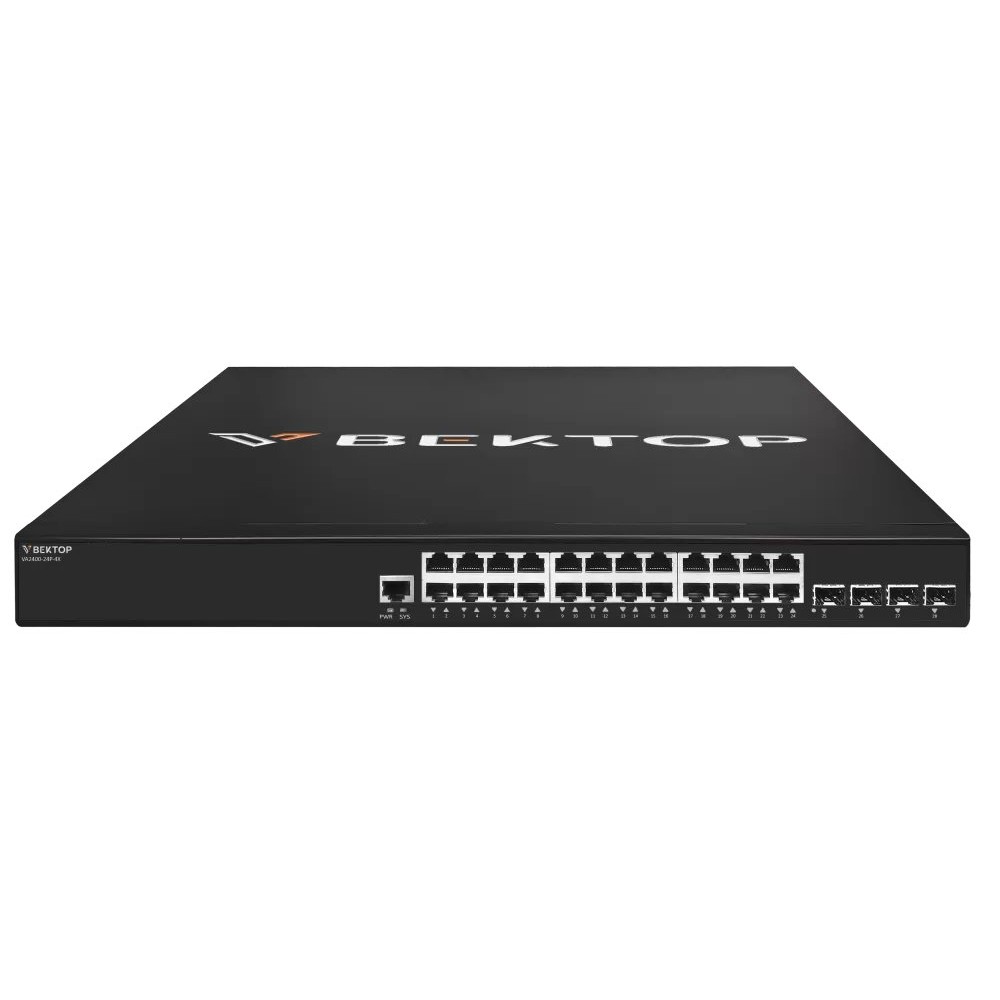 Управляемый PoE+ коммутатор уровня 3. 24 порта 10/100/1000Base-T RJ45 с поддержкой POE+, 4 порта 1/10G SFP+, 2 блока питания AC 220В