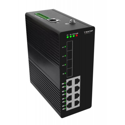 Управляемый коммутатор уровня 2 для установки на DIN-рейку. 8 портов 10/100/1000BaseT RJ45, 4 порта 1GE SFP