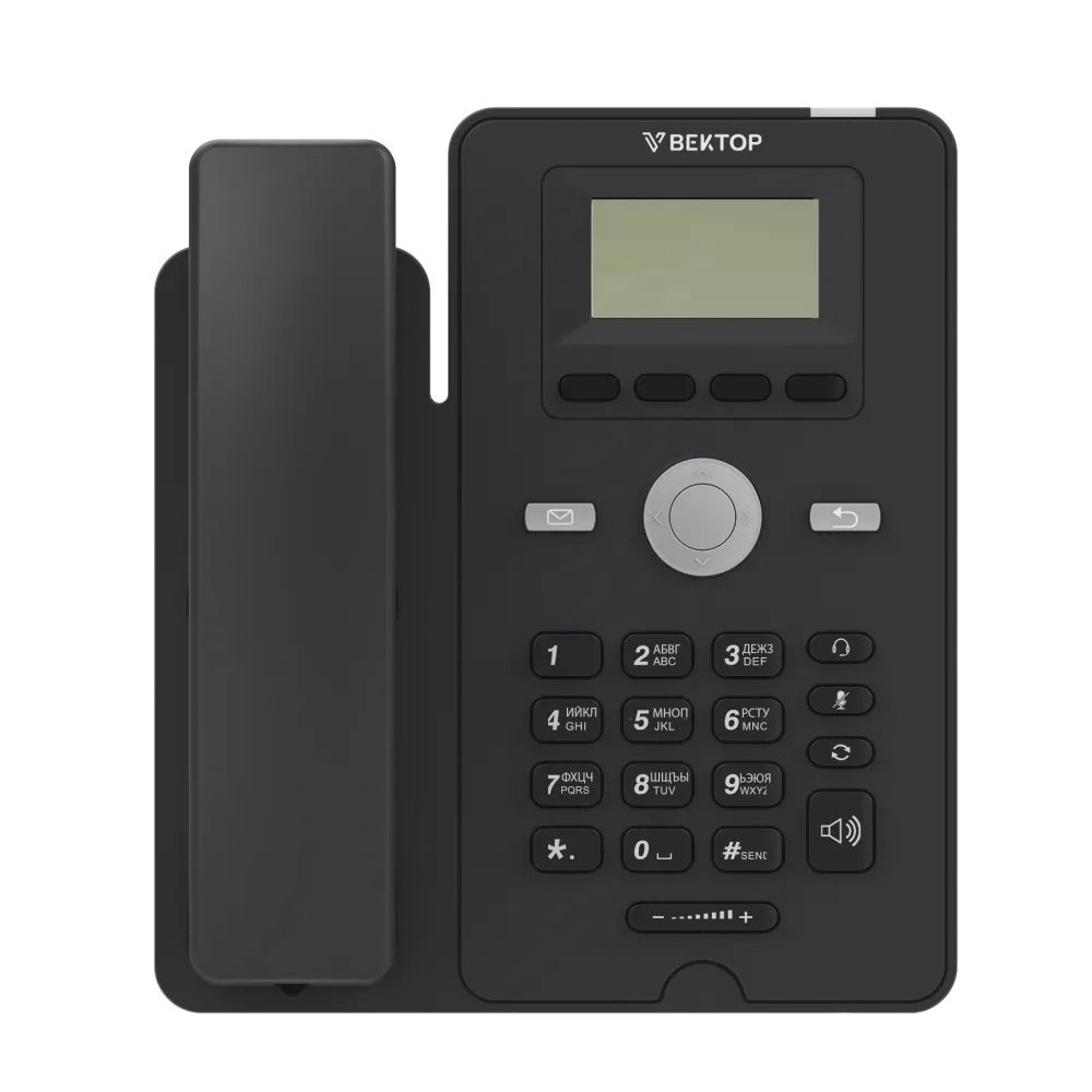 IP-телефон  Vector Phone 120. Черно-белый ЖК-дисплей 2.3 дюйма, 2 порта 100 Мбит/с RJ-45 PoE, поддержка 2 SIP-аккаунта