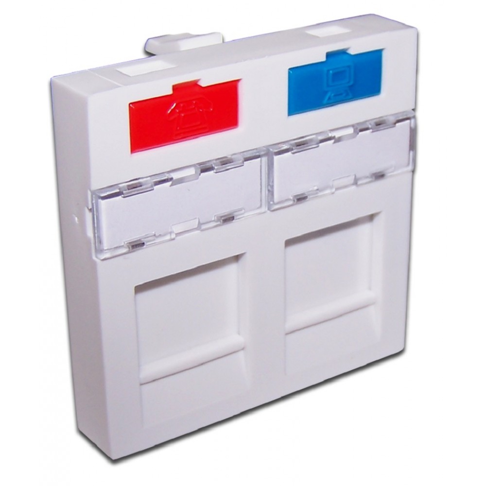 Lanmaster LAN-SIP-24M-WH Вставка 45x45 на 2 кейстоуна, со шторкой, маркировкой, иконками, белая, LANMASTER